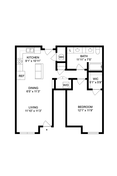 Floor plan for 1 bed, 1 bath, 738 sqft